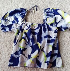 Nine West Blue and Yellow Floral Puff Sleeve Blouse *Large*